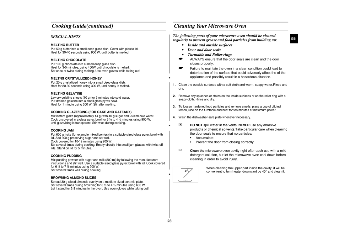 Samsung CE297DL technical specifications Cleaning Your Microwave Oven, Special Hints 