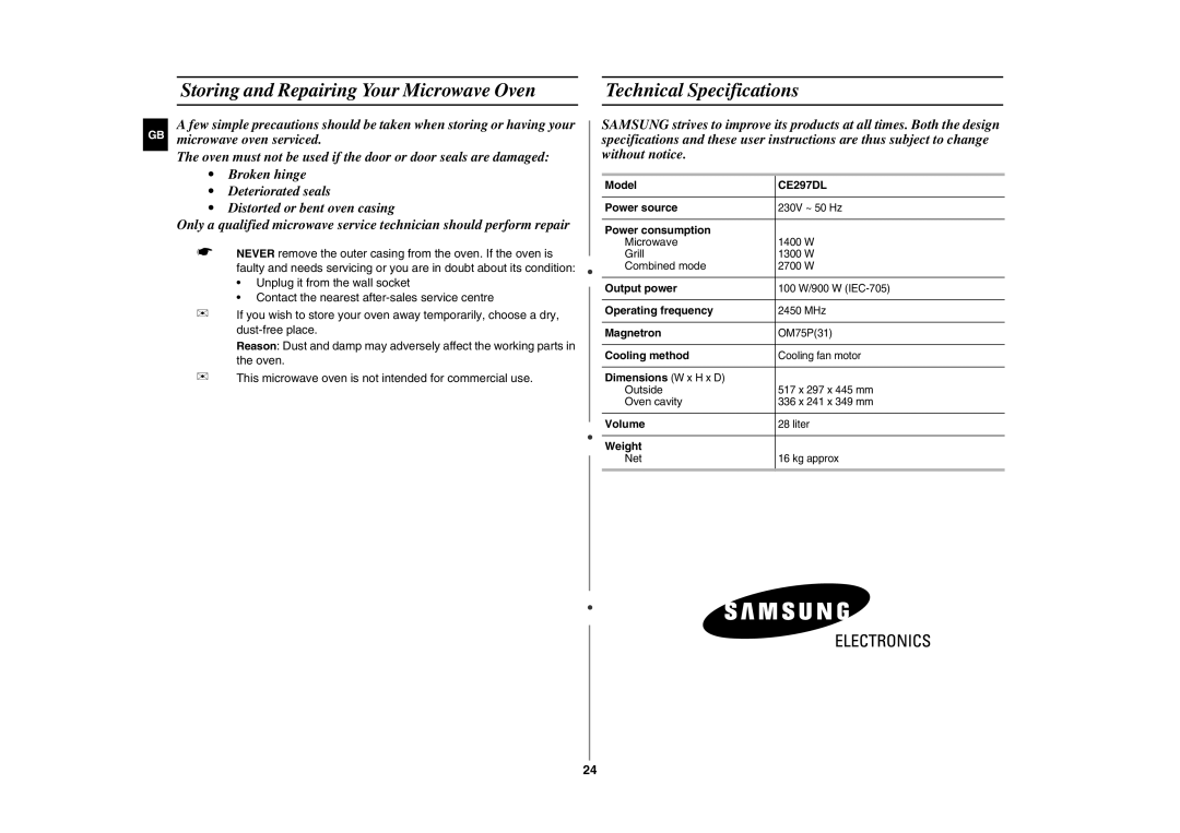 Samsung CE297DL technical specifications 