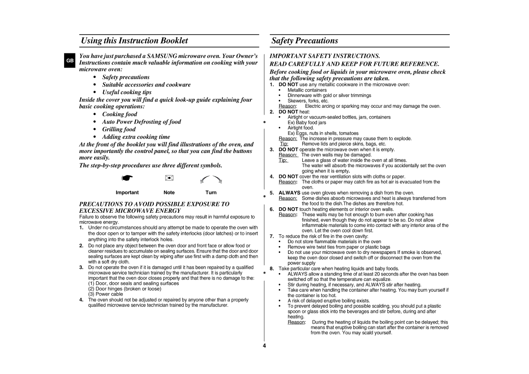 Samsung CE297DL Using this Instruction Booklet, Safety Precautions, Important NoteTurn, Do not heat 