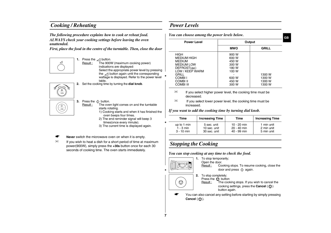 Samsung CE297DL technical specifications Cooking / Reheating, Power Levels, Stopping the Cooking, Grill 