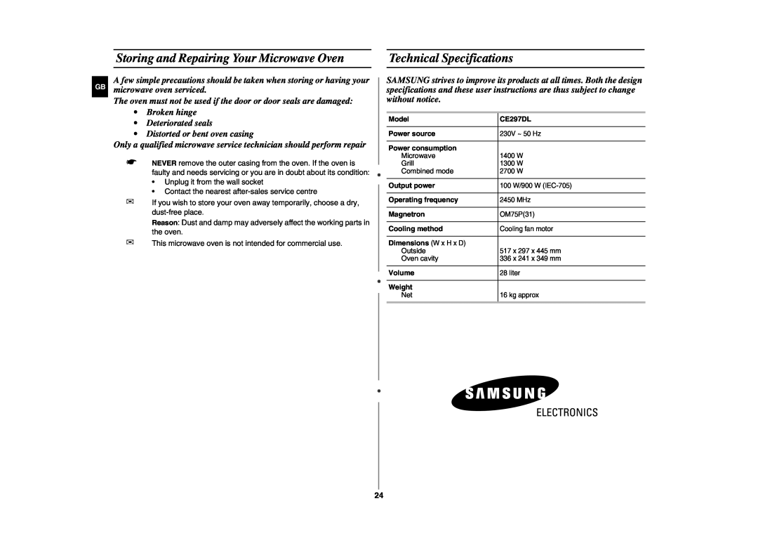 Samsung CE297DL technical specifications Storing and Repairing Your Microwave Oven, Technical Specifications 