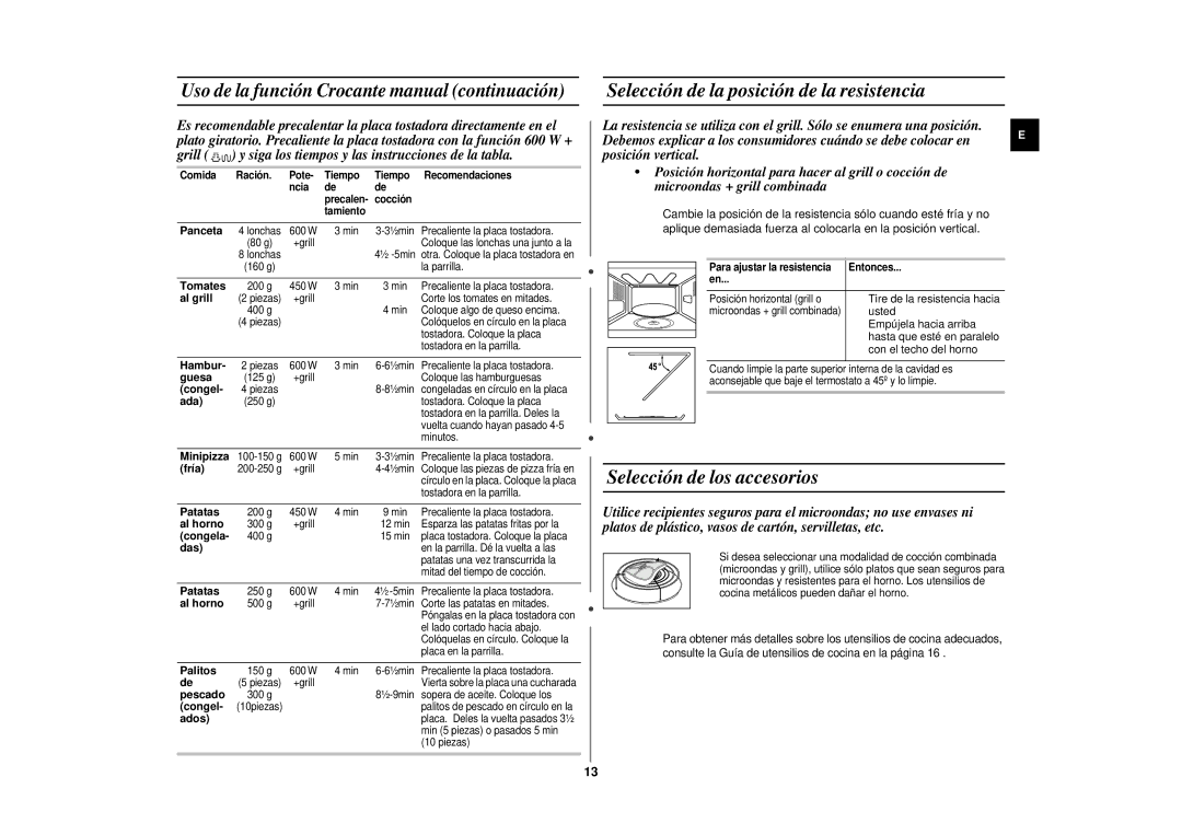 Samsung CE297DN-5/XEC manual Selección de la posición de la resistencia, Selección de los accesorios 