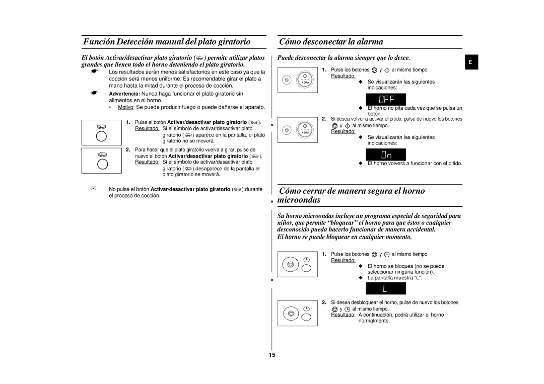 Samsung CE297DN-5/XEC Función Detecció n manual del plato giratorio, Cómo desconectar la alarma 