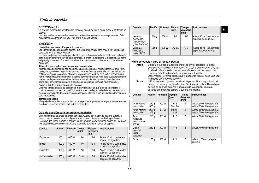 Samsung CE297DN-5/XEC manual Microondas, Cocción, Guía de cocción para verduras congeladas 