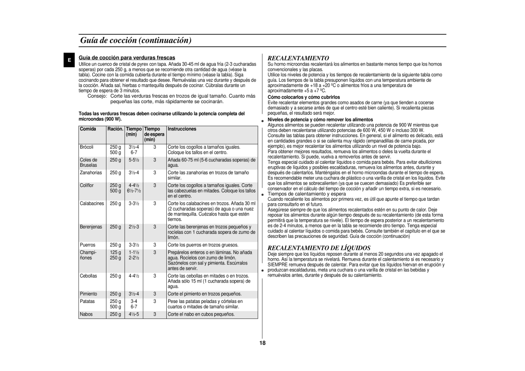 Samsung CE297DN-5/XEC Guía de cocción continuación, Recalentamiento DE Líquidos, Guía de cocción para verduras frescas 