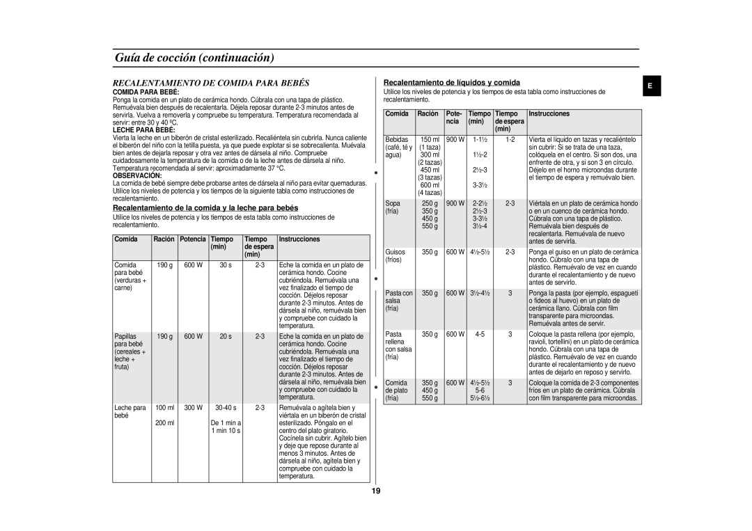 Samsung CE297DN-5/XEC manual Recalentamiento DE Comida Para Bebés, Recalentamiento de la comida y la leche para bebés 