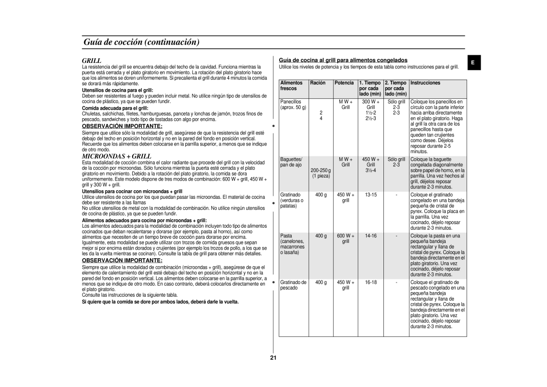 Samsung CE297DN-5/XEC manual Microondas + Grill, Guía de cocina al grill para alimentos congelados 