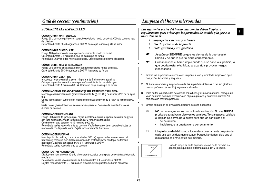 Samsung CE297DN-5/XEC manual Limpieza del horno microondas, Guía de cocción continuación, Sugerencias Especiales 