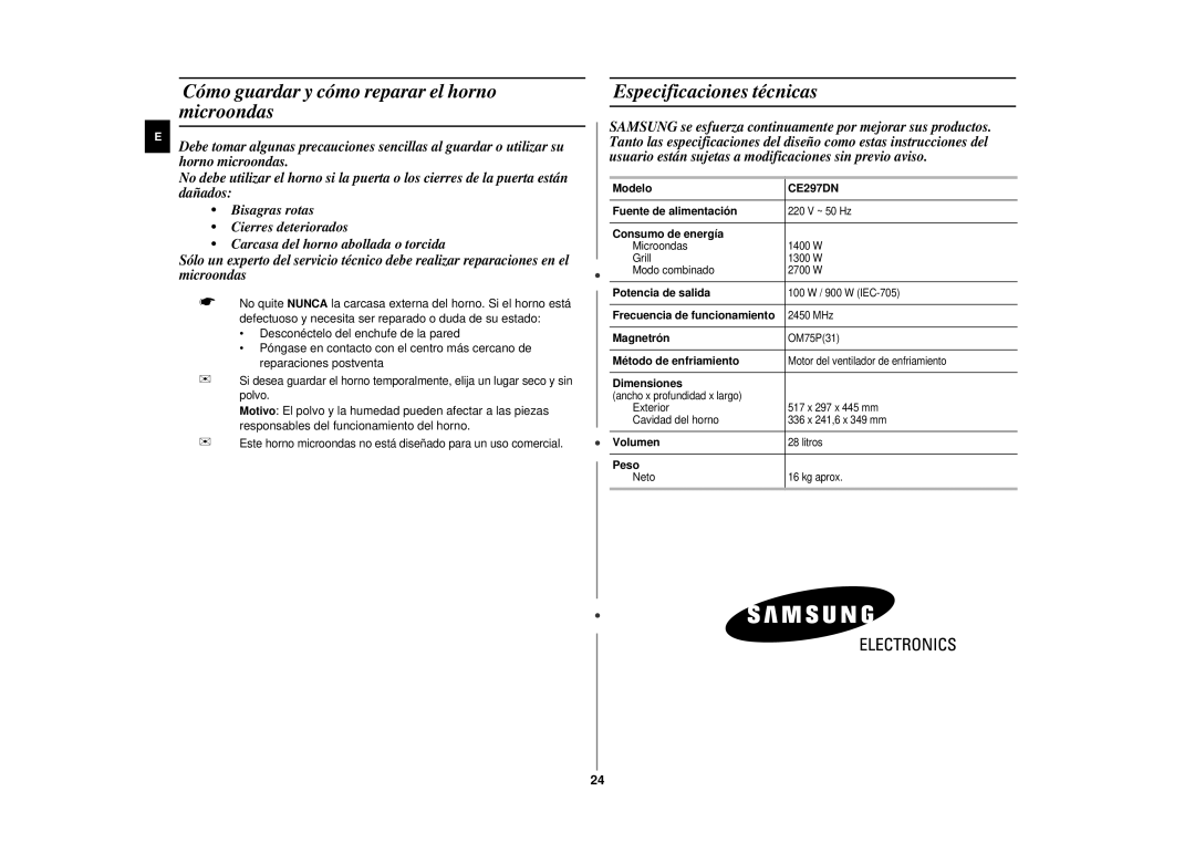 Samsung CE297DN-5/XEC manual Cómo guardar y cómo reparar el horno microondas, Especificaciones técnicas 