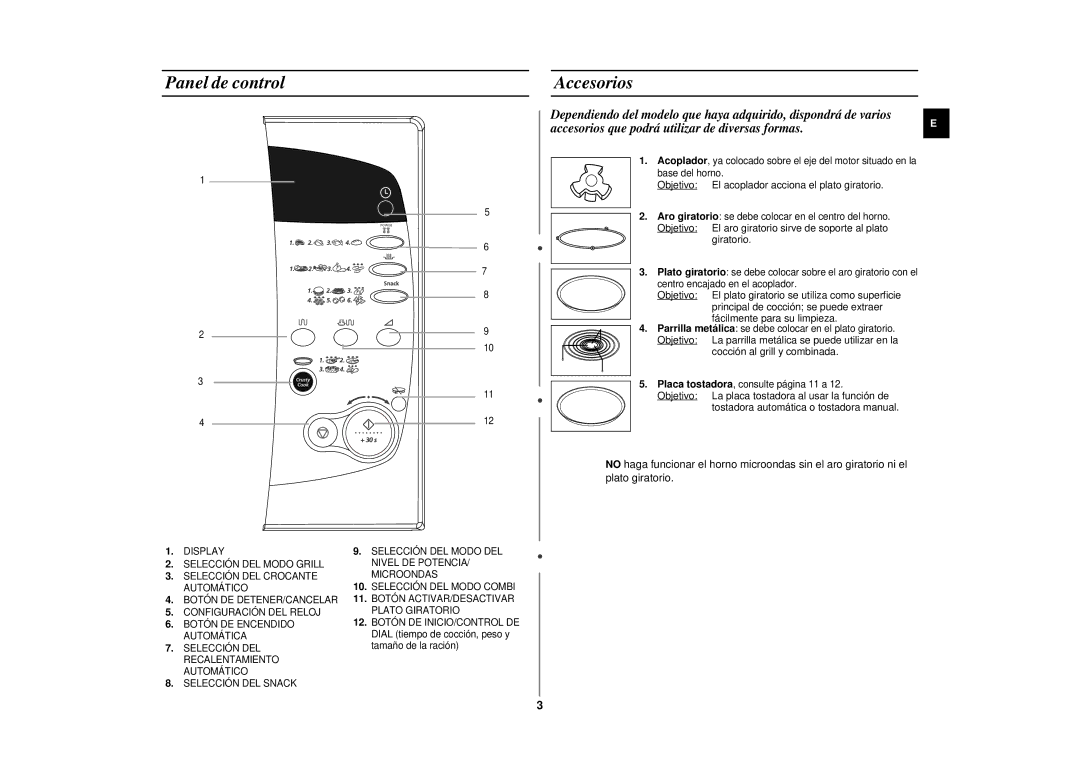 Samsung CE297DN-5/XEC manual Panel de control Accesorios, Objetivo El acoplador acciona el plato giratorio, Giratorio 