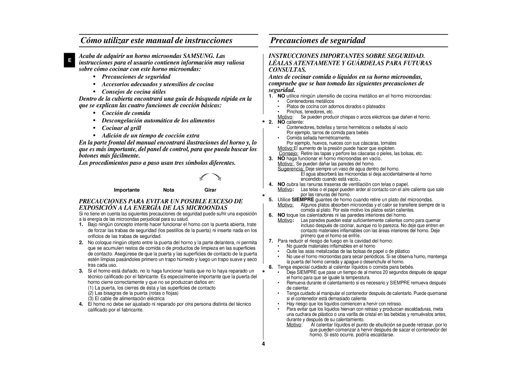 Samsung CE297DN-5/XEC Cómo utilizar este ma nual de instrucciones, Precauciones de seguridad, Importante Nota, Motivo 