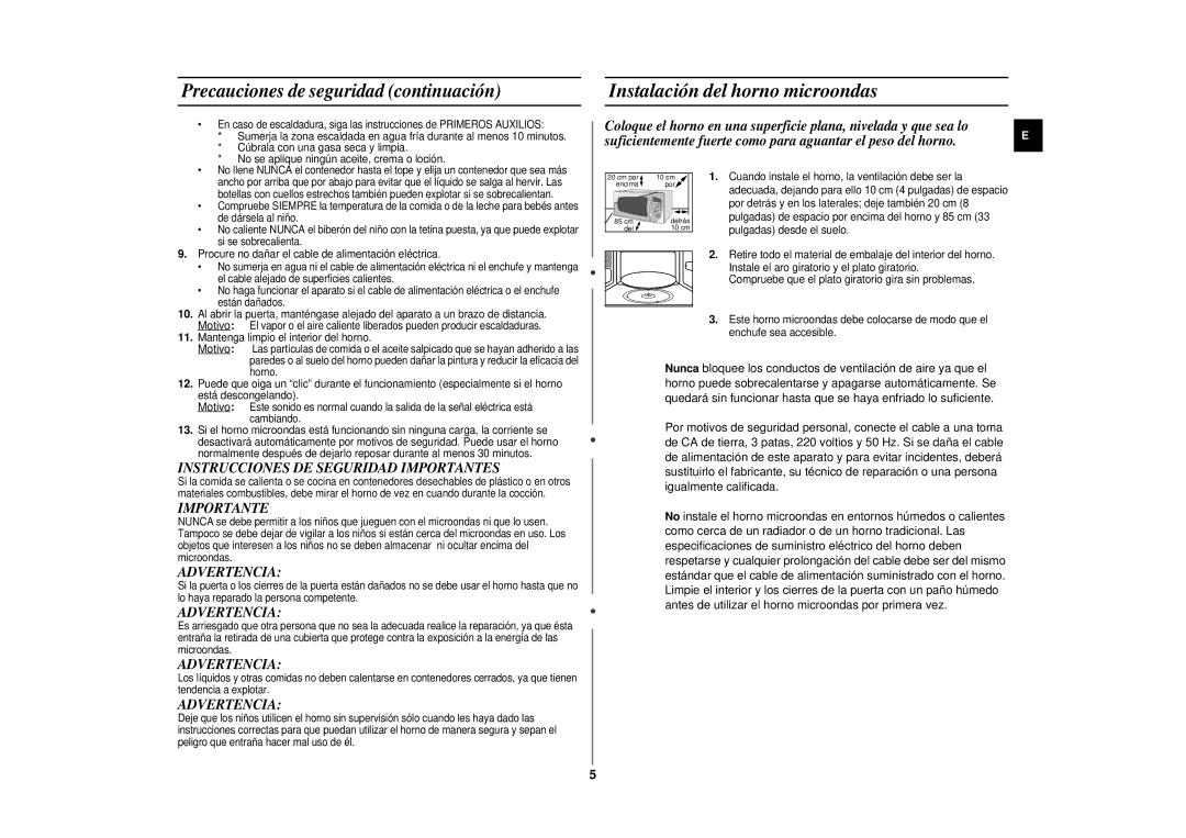 Samsung CE297DN-5/XEC Instalación del horno microondas, Precauciones de seguridad continuación, Importante, Advertencia 