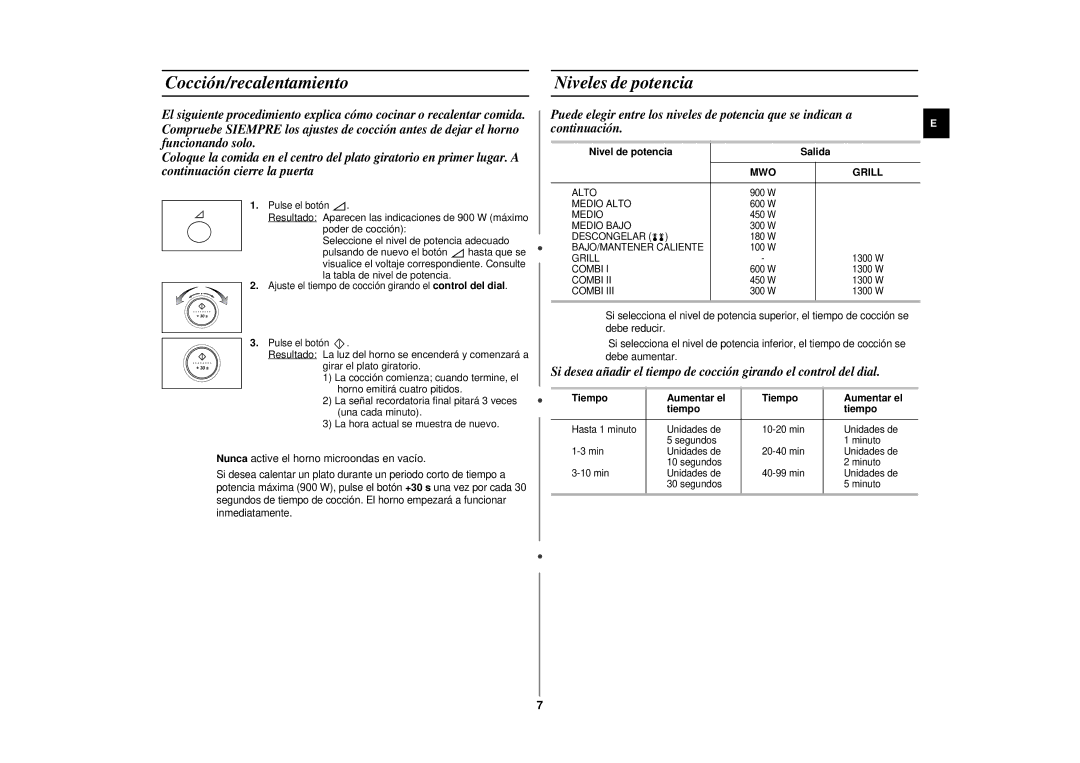 Samsung CE297DN-5/XEC Cocción/recalentamiento, Niveles de potencia, Nivel de potencia Salida, Tiempo Aumentar el, 1300 W 