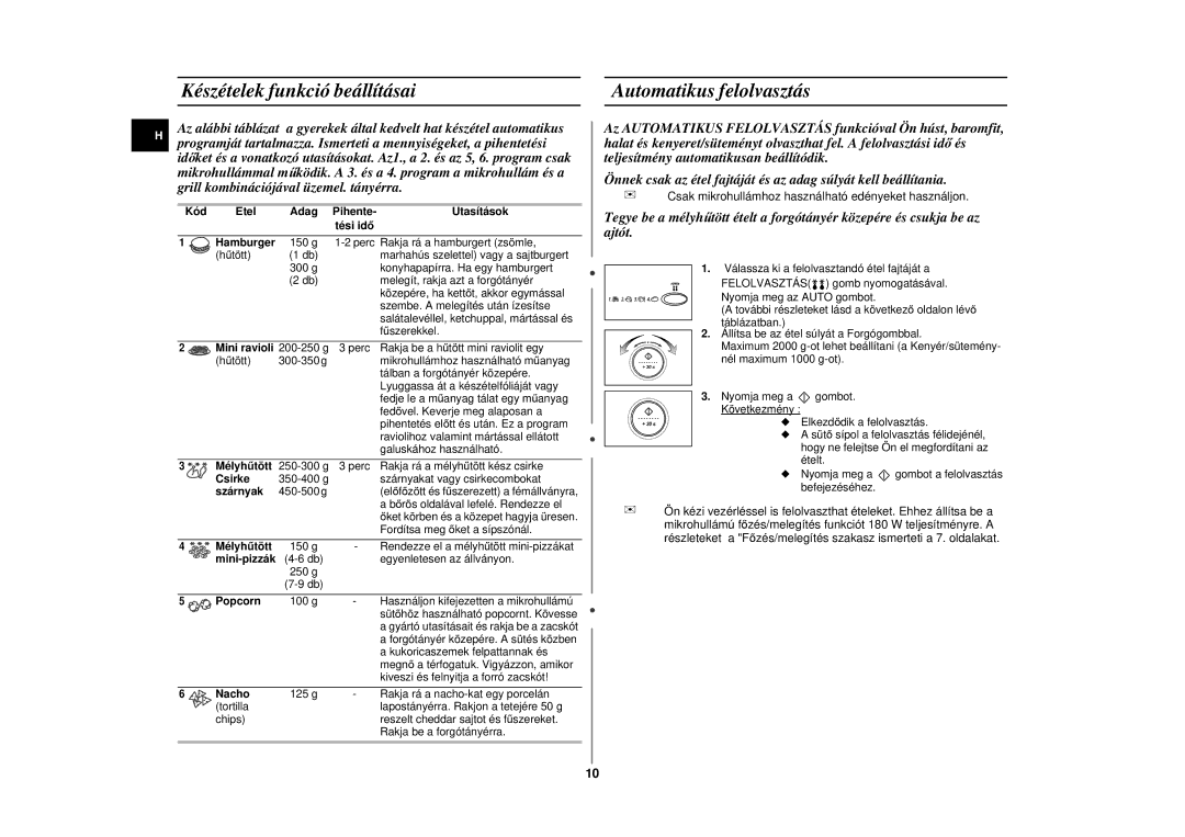 Samsung CE297DN-5/XEH, CE297DN/XEH manual Készételek funkció beállításai Automatikus felolvasztás 