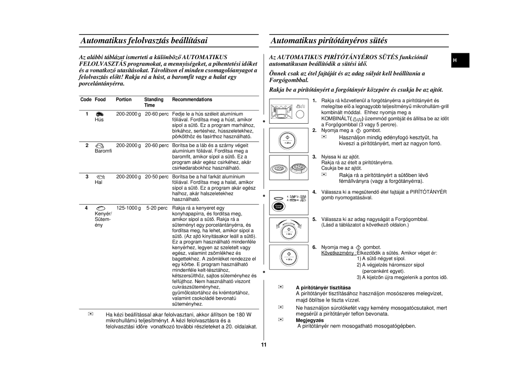 Samsung CE297DN/XEH manual Automatikus felolvasztás beállításai, Automatikus pirítótányéros sütés, Pirítótányér tisztítása 