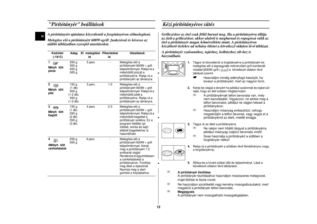 Samsung CE297DN-5/XEH, CE297DN/XEH manual Pirítótányér beállítások, Kézi pirítótányéros sütés 