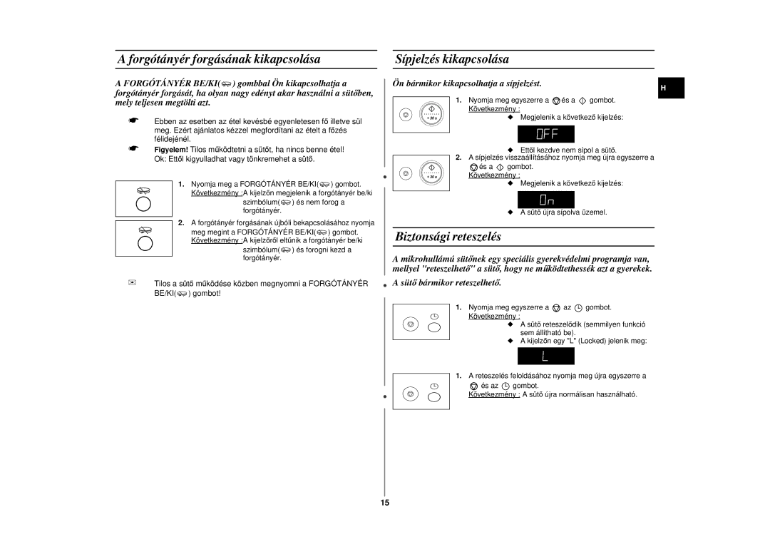 Samsung CE297DN/XEH, CE297DN-5/XEH manual Forgótányér forgásának kikapcsolása, Sípjelzés kikapcsolása, Biztonsági reteszelés 