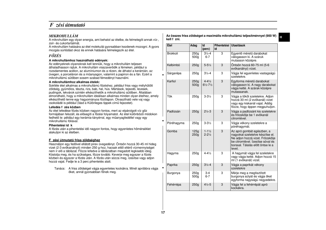 Samsung CE297DN/XEH, CE297DN-5/XEH manual Főzési útmutató, Mikrohullám 