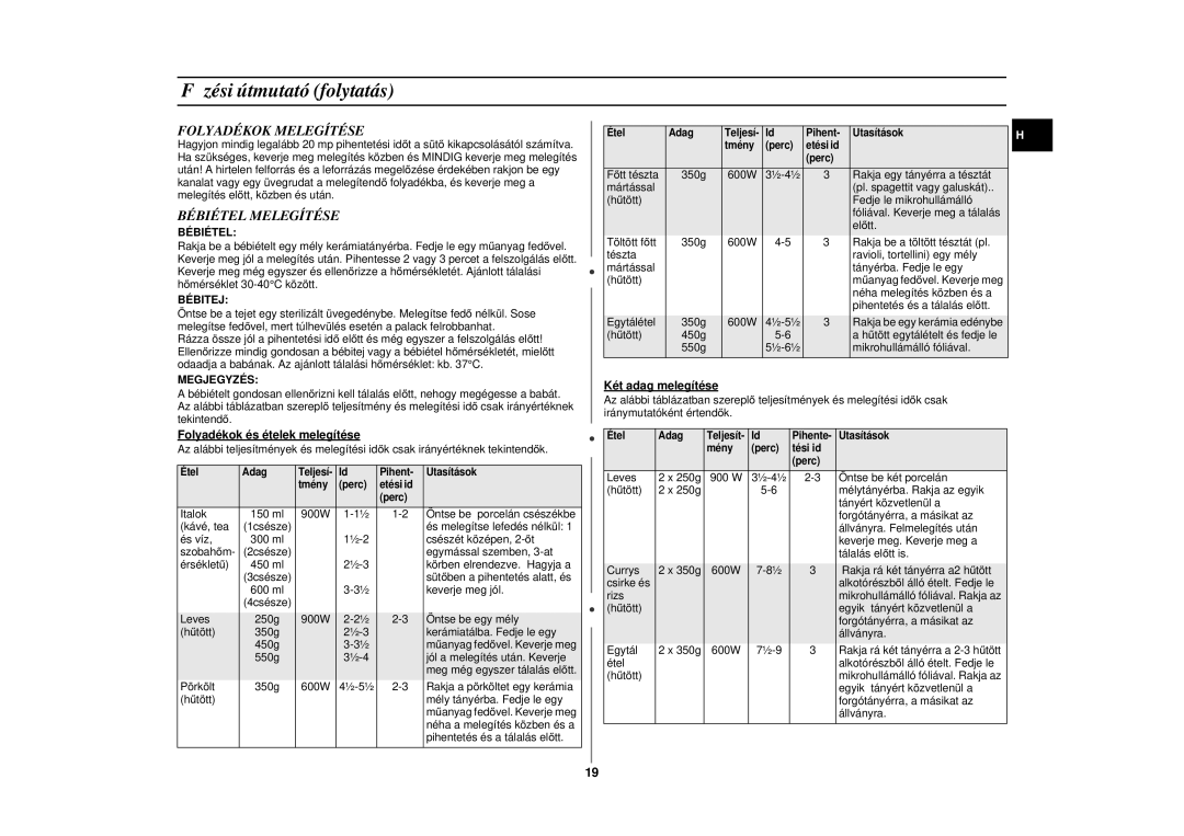 Samsung CE297DN/XEH, CE297DN-5/XEH manual Folyadékok Melegítése, Bébiétel Melegítése, Bébitej, Megjegyzés 