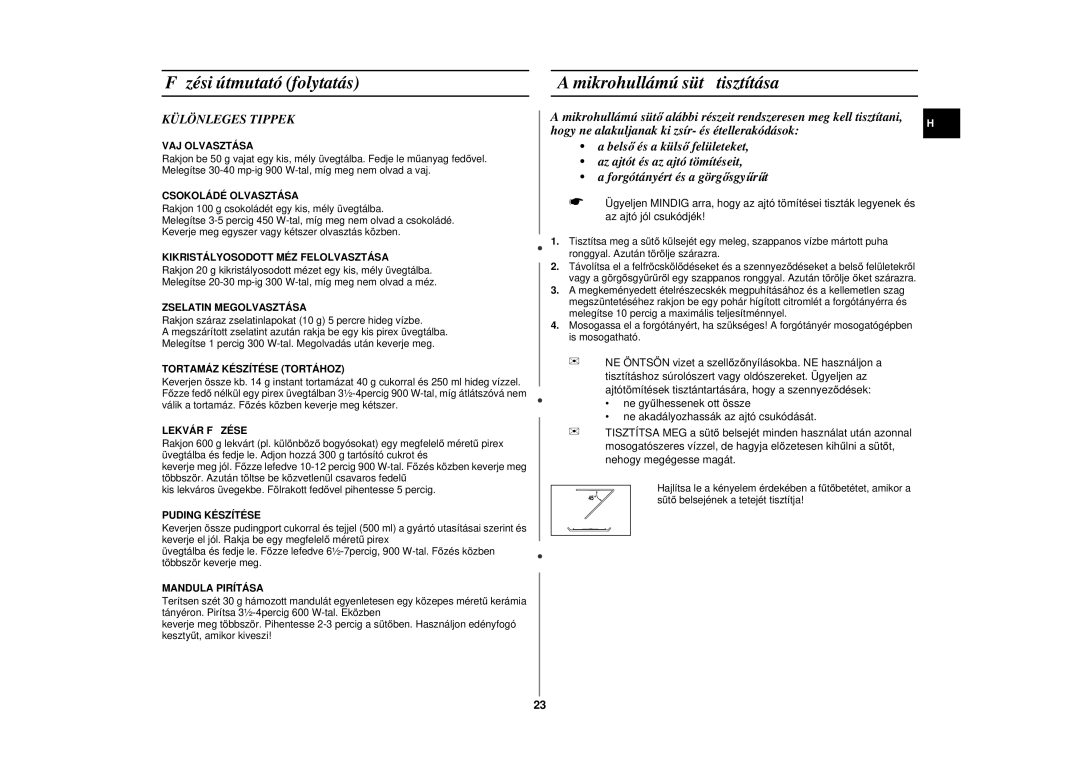 Samsung CE297DN/XEH, CE297DN-5/XEH manual Mikrohullámú süt ő tisztítása, Különleges Tippek 