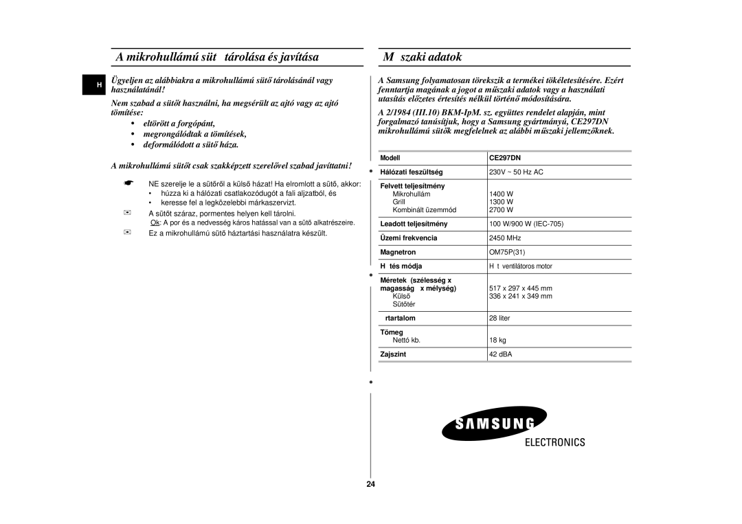 Samsung CE297DN-5/XEH, CE297DN/XEH manual Mikrohullámú süt ő tárolása és javítása, Műszaki adatok 