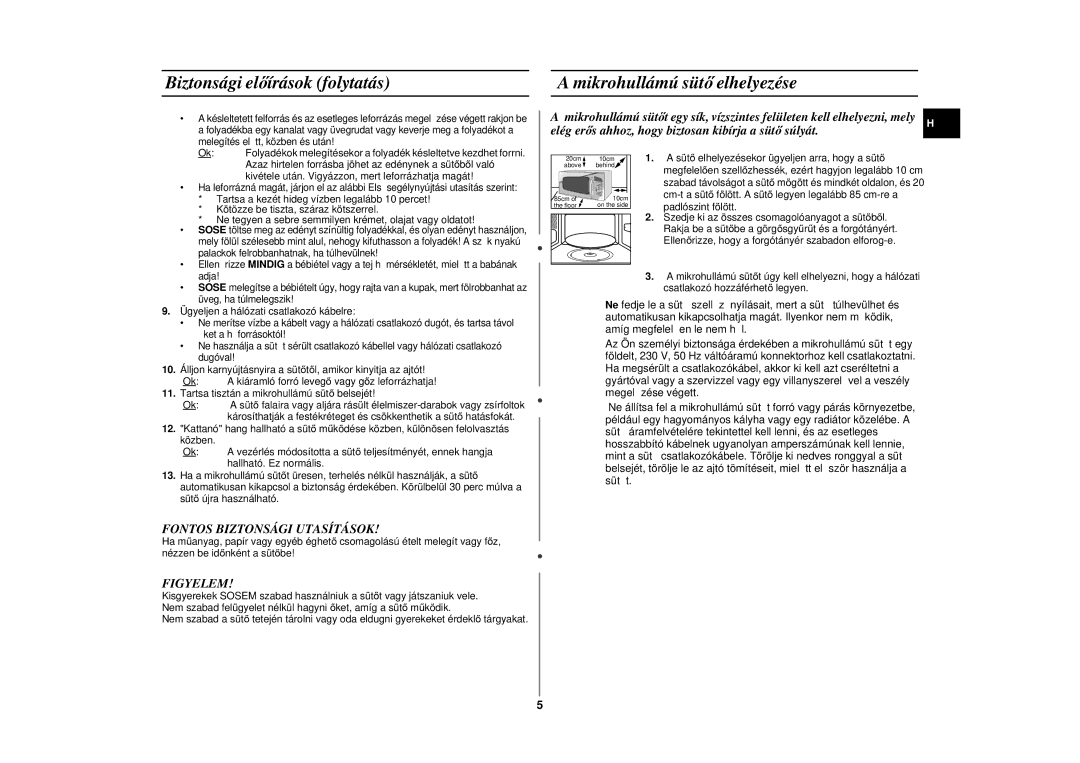 Samsung CE297DN/XEH manual Biztonsági el őírások folytatás, Mikrohullámú süt ő elhelyezése, Fontos Biztonsági Utasítások 