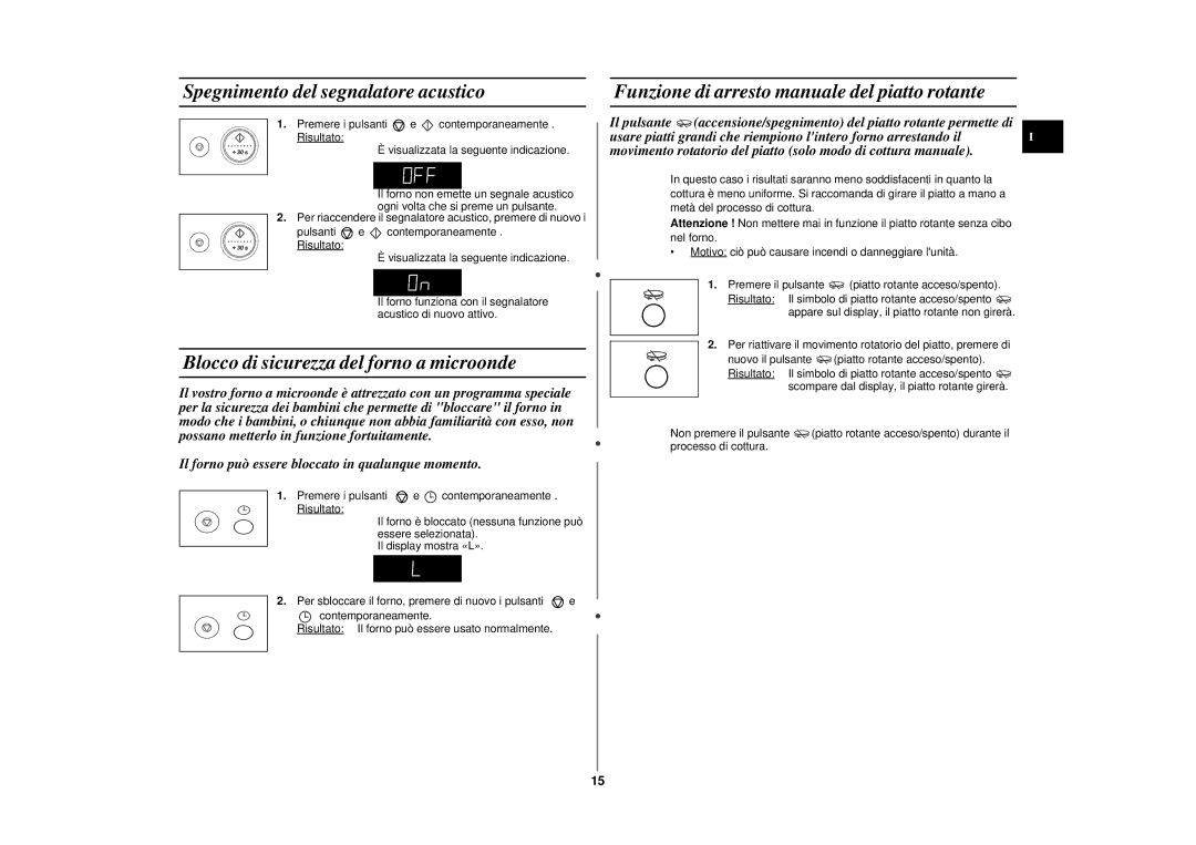 Samsung CE297DN-5S/XET, CE297DN-S/XET manual Spegnimento del segnalatore acustico, Blocco di sicurezza del forno a microonde 