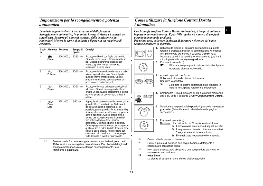 Samsung CE297DN-5S/XET, CE297DN-S/XET, CE297DN/XET manual Impostazioni per lo scongelamento a potenza automatica, Nota Bene 