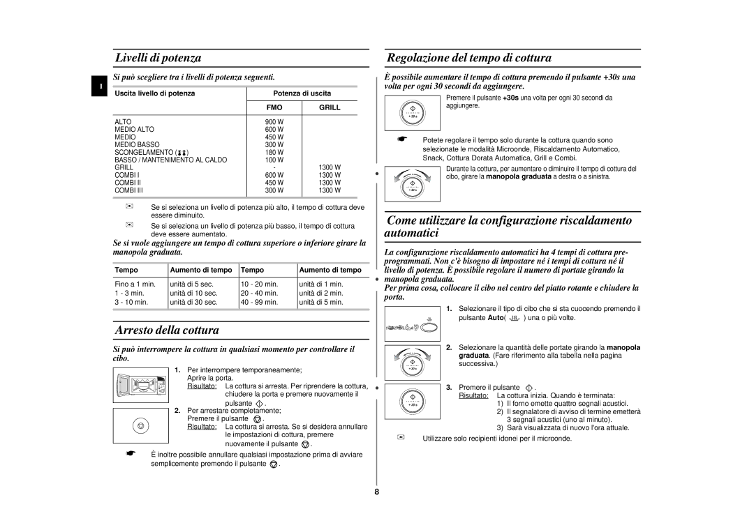 Samsung CE297DN-S/XET, CE297DN/XET manual Livelli di potenza, Arresto della cottura, Regolazione del tempo di cottura 