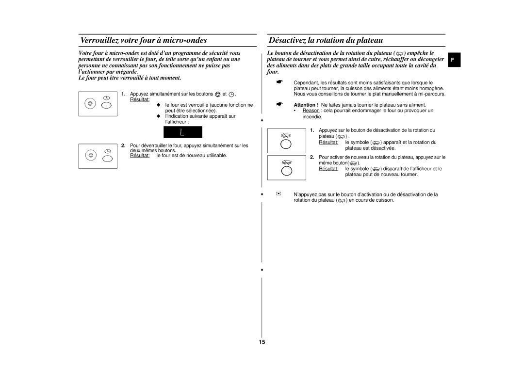 Samsung CE297DN-5/XEF, CE297DN/XEF Verrouillez votre four à micro-ondes, Désactivez la rotation du plateau, Même bouton 