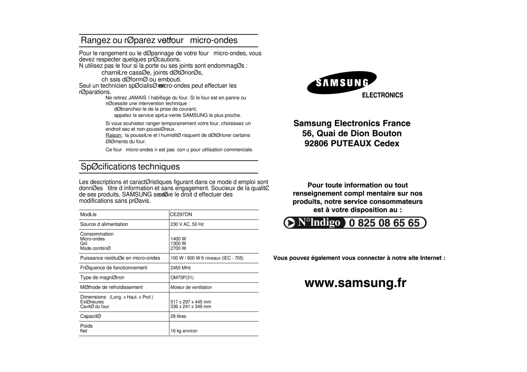 Samsung CE297DN/XEF, CE297DN-5/XEF manual Rangez ou réparez votre four à micro-ondes, Spécifications techniques 