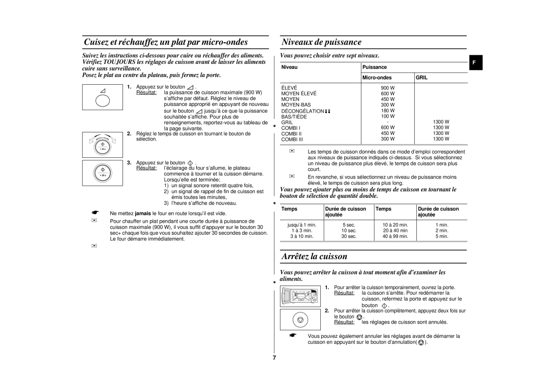 Samsung CE297DN-5/XEF manual Cuisez et réchauffez un plat par micro-ondes, Niveaux de puissance, Arrêtez la cuisson, Bouton 