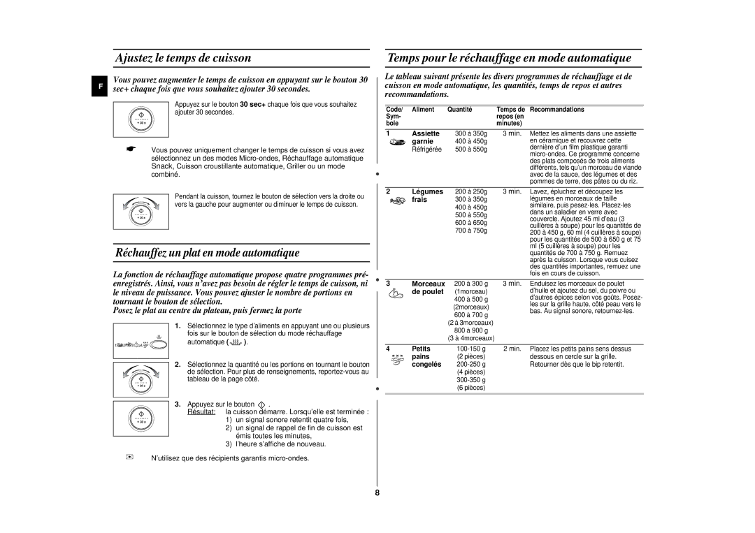 Samsung CE297DN/XEF, CE297DN-5/XEF manual Ajustez le temps de cuisson, Temps pour le réchauffage en mode automatique 