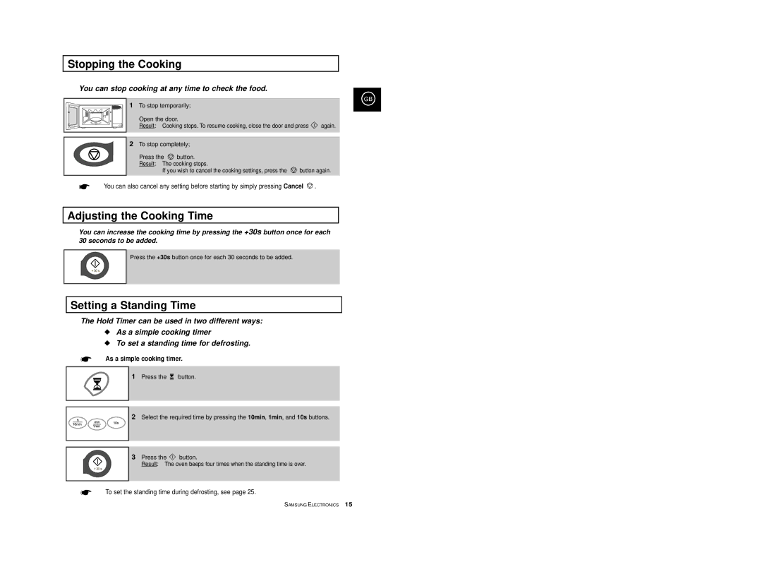 Samsung CE2D33/CE2D33T manual Stopping the Cooking, Adjusting the Cooking Time, Setting a Standing Time 