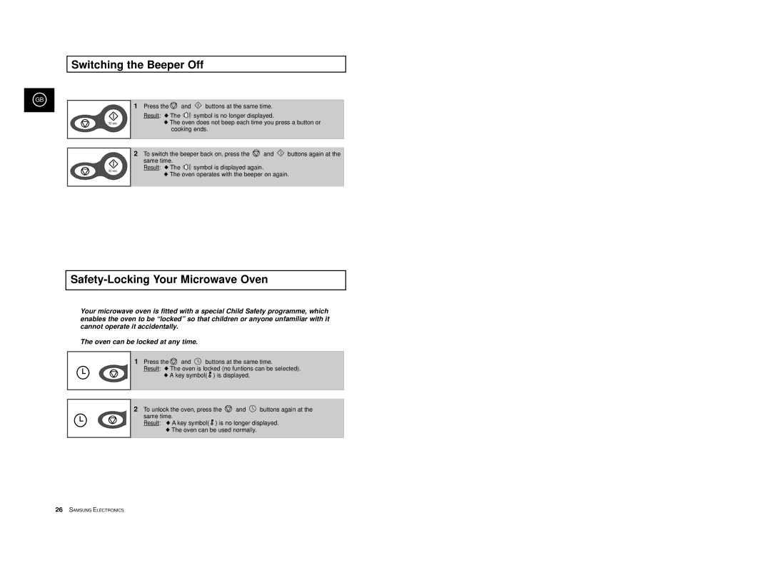 Samsung CE2D33/CE2D33T manual Switching the Beeper Off, Safety-Locking Your Microwave Oven 