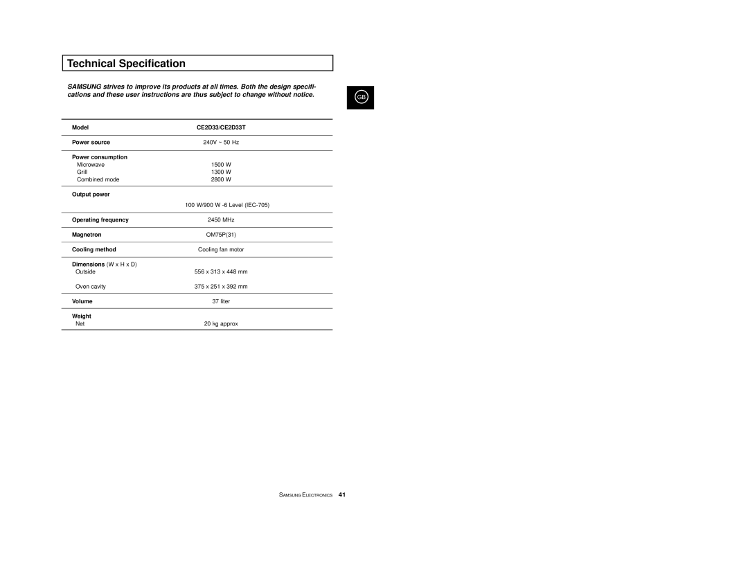 Samsung CE2D33/CE2D33T manual Technical Specification 