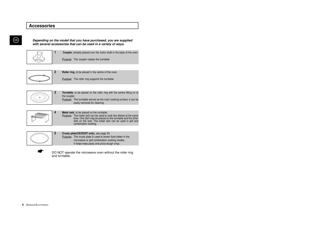 Samsung CE2D33/CE2D33T manual Accessories, Crusty plateCE2D33T only, see 