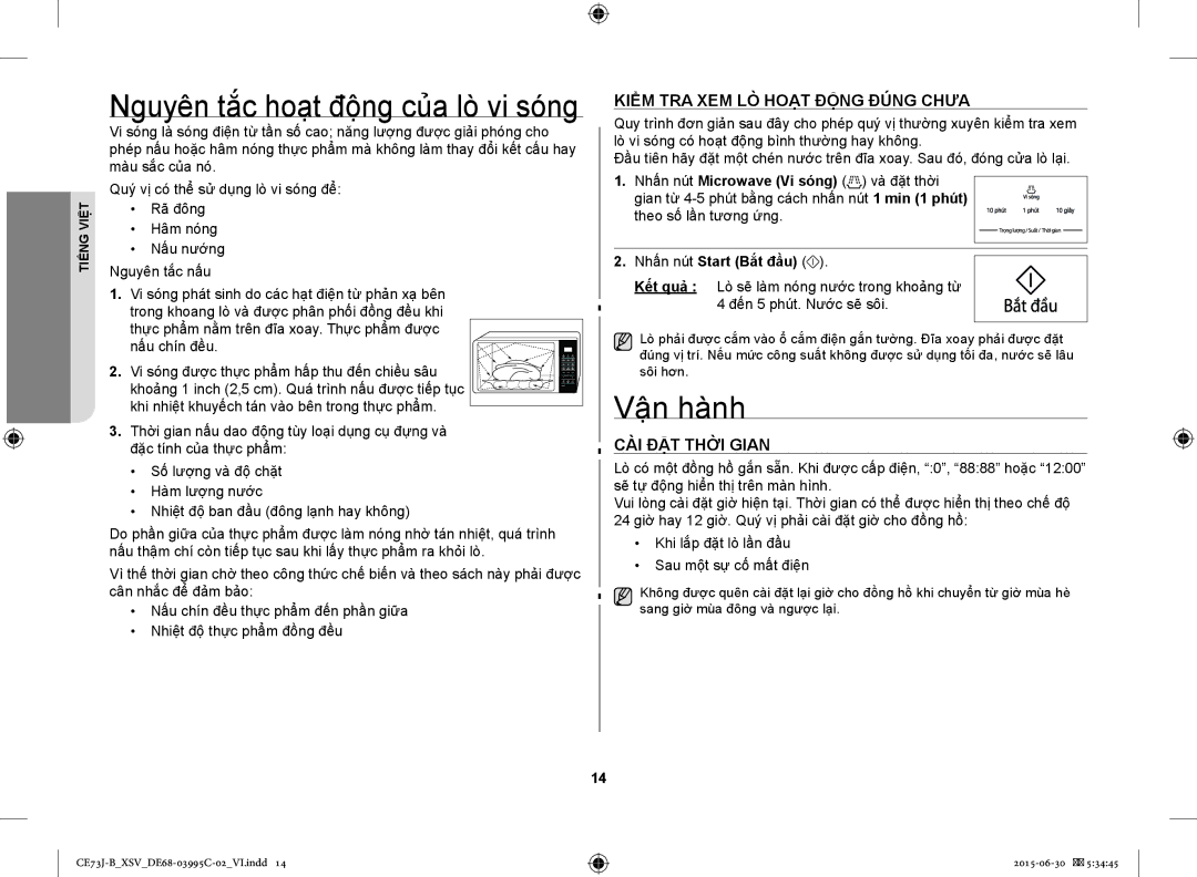 Samsung CE73J-B/XSV Nguyên tắc hoạt động của lò vi sóng, Vận hành, Kiểm TRA XEM LÒ Hoạt Động Đúng Chưa, CÀI ĐẶT Thời Gian 