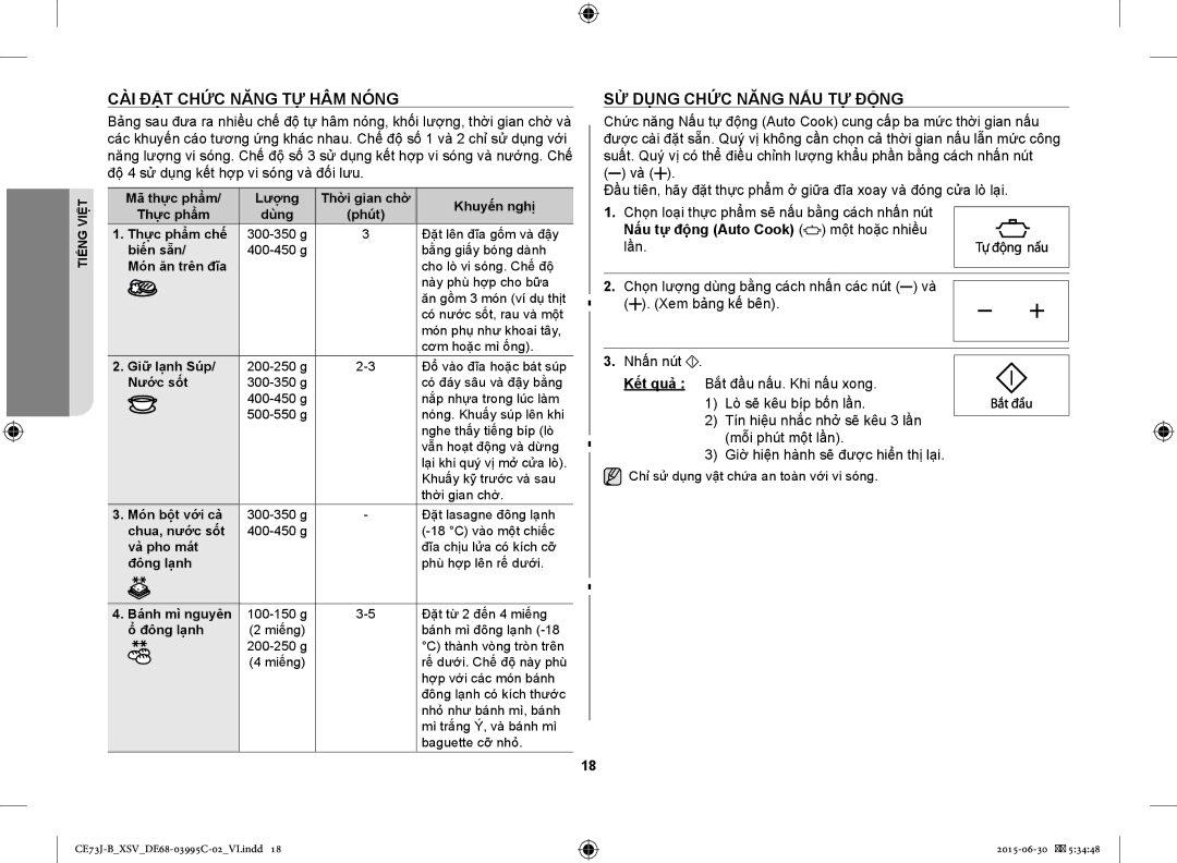 Samsung CE73J-B/XSV CÀI ĐẶT Chức Năng TỰ HÂM Nóng, SỬ Dụng Chức Năng NẤU TỰ Động, Nấu tự động Auto Cook một hoặc nhiều lần 