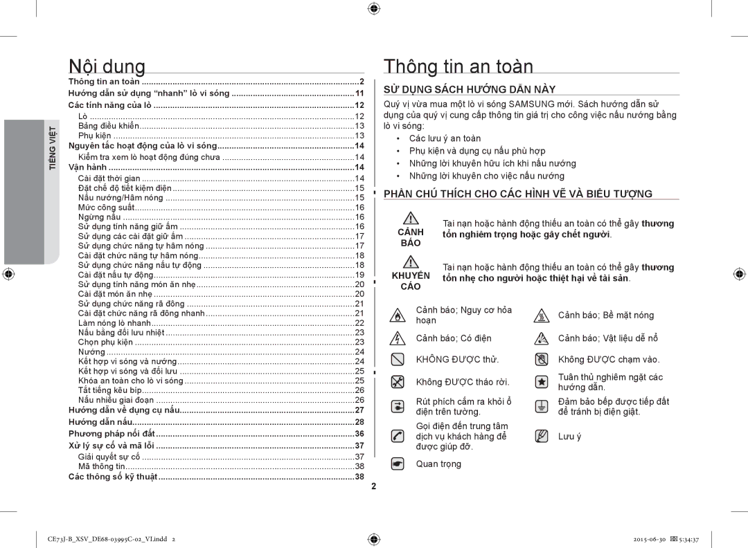 Samsung CE73J-B/XSV Nội dung, Thông tin an toàn, SỬ Dụng Sách Hướng DẪN NÀY, Phần CHÚ Thích CHO CÁC Hình VẼ VÀ Biểu Tượng 