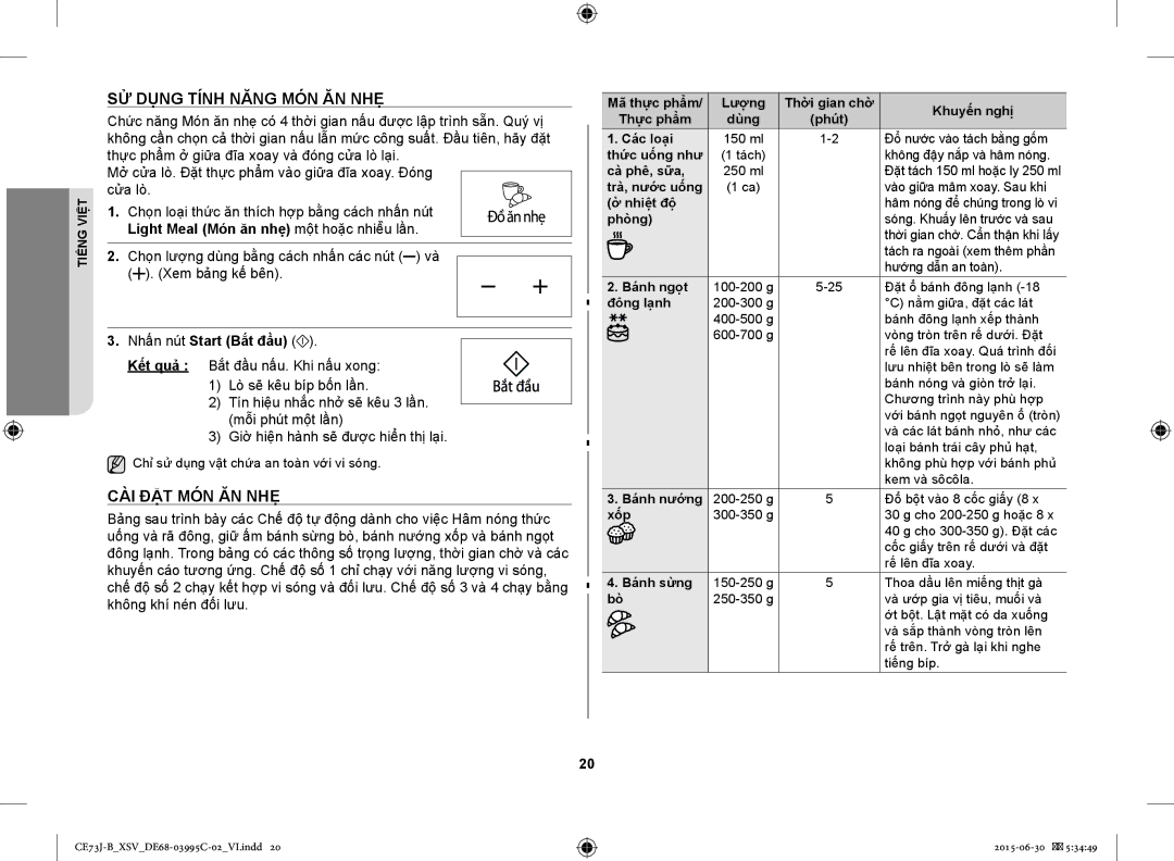 Samsung CE73J-B/XSV manual SỬ Dụng Tính Năng MÓN ĂN NHẸ, Cài Đặt Món Ăn Nhẹ, Light Meal Món ăn nhẹ môt hoăc nhiề̀u lân 