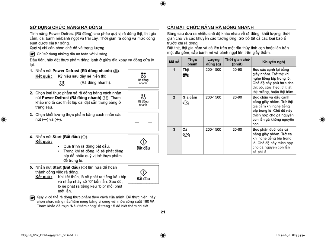 Samsung CE73J-B/XSV manual SỬ Dụng Chức Năng RÃ Đông, CÀI ĐẶT Chức Năng RÃ Đông Nhanh, Gia cầm 