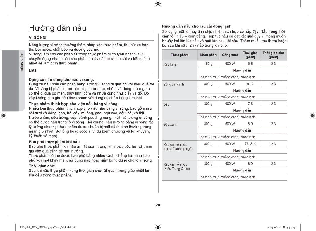 Samsung CE73J-B/XSV manual Hướng dẫn nấu, VI Sóng, Nấu 