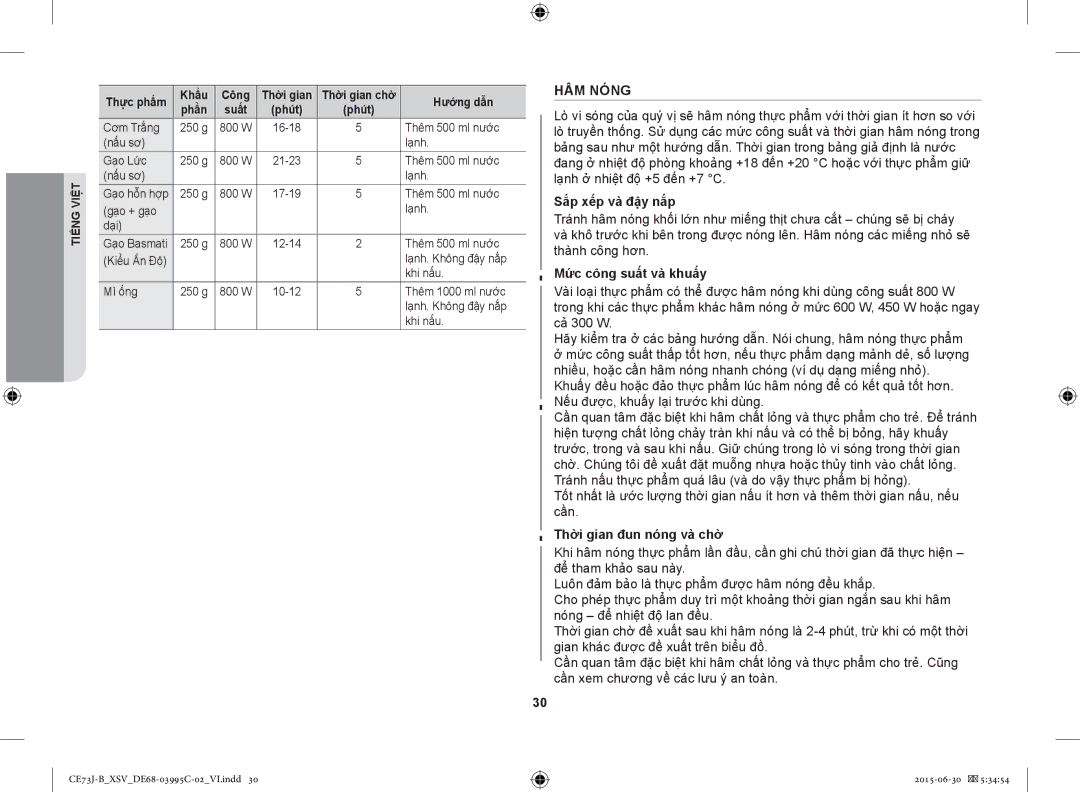 Samsung CE73J-B/XSV manual HÂM Nóng, Sắp xếp và đậy nắp, Mức công suất và khuấy, Thời gian đun nóng và chờ 