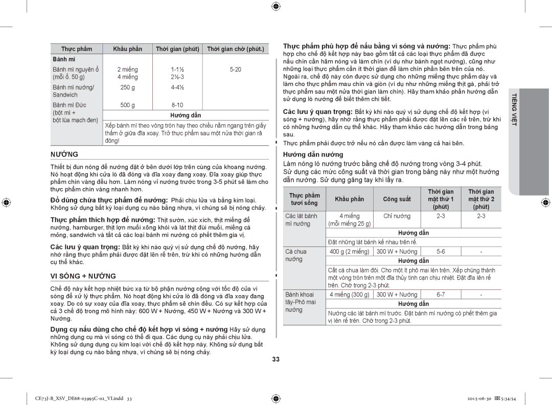 Samsung CE73J-B/XSV manual VI Sóng + Nướng, Thực phẩm Khẩu phần Thời gian phút, Các lát bánh, Chỉ nướng Mì nướng 