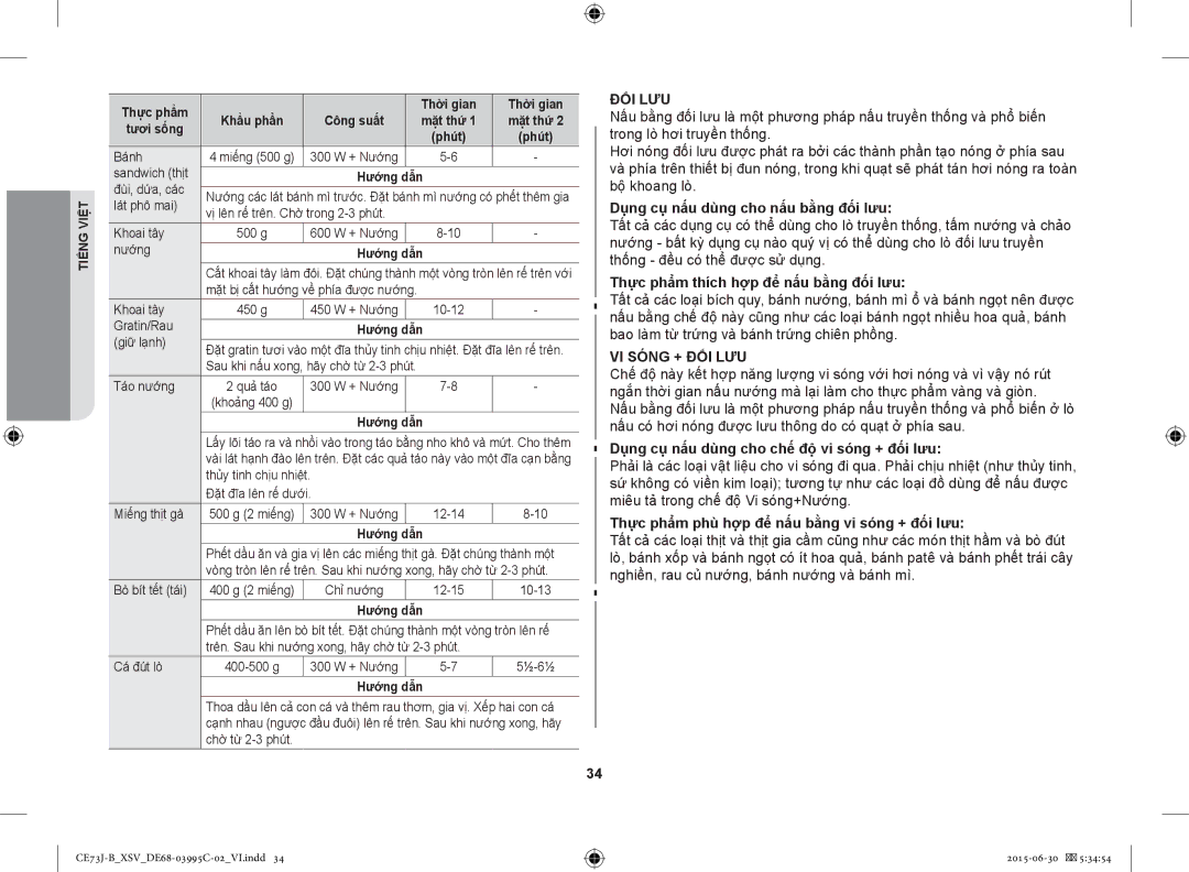 Samsung CE73J-B/XSV manual Đối Lưu, VI Sóng + ĐỐI LƯU 