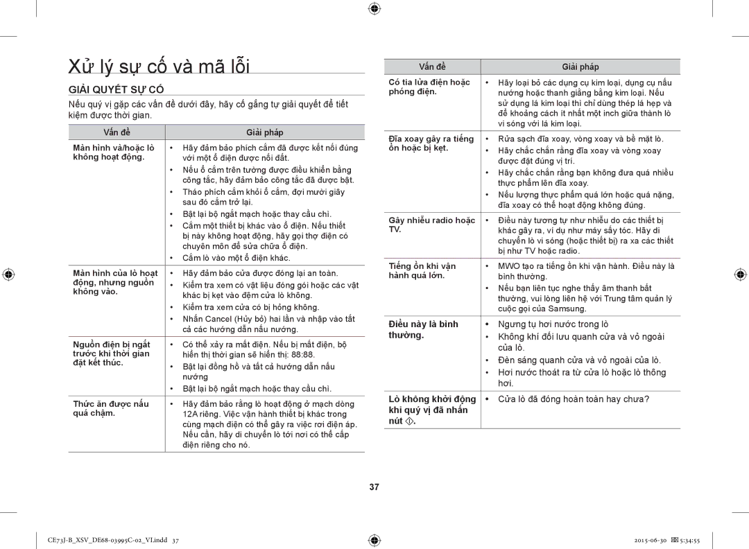 Samsung CE73J-B/XSV manual Xử lý sự cố và mã lỗi, Giải Quyết SỰ CỐ, Điều này là bình, Thường, Khi quý vị đã nhấn Nút 