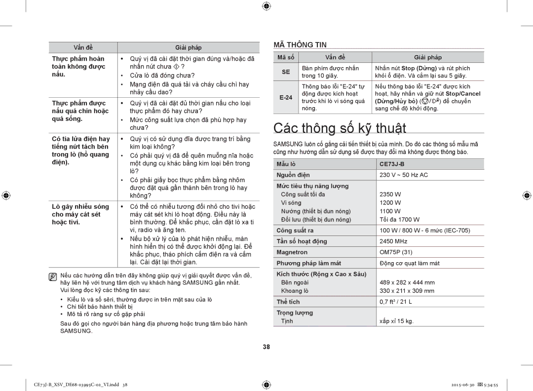 Samsung CE73J-B/XSV manual Các thông số kỹ thuật, MÃ Thông TIN 