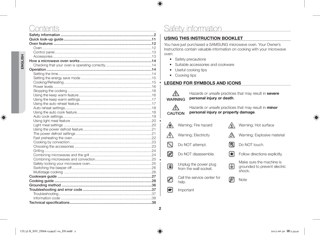 Samsung CE73J-B/XSV manual Contents, Safety information 