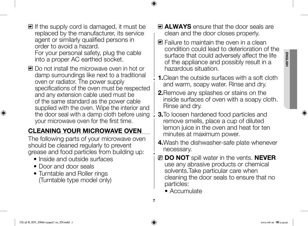 Samsung CE73J-B/XSV manual Cleaning Your Microwave Oven 